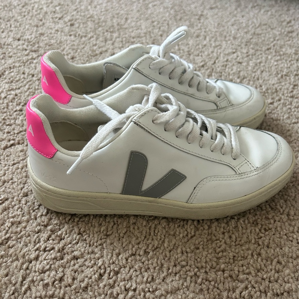 Veja V12 White with pink and grey sneakers
